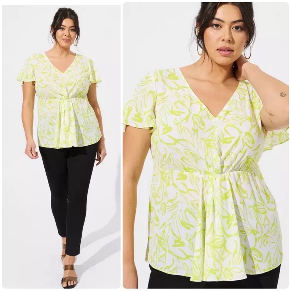Torrid Georgette Twist Surplice Flutter Sleeve Blouse Green Yellow Plus Size 1X